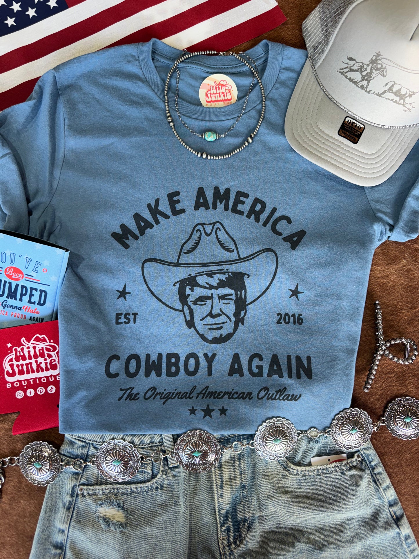 Trump Make America Cowboy Again Blue Outlaw Graphic Tee