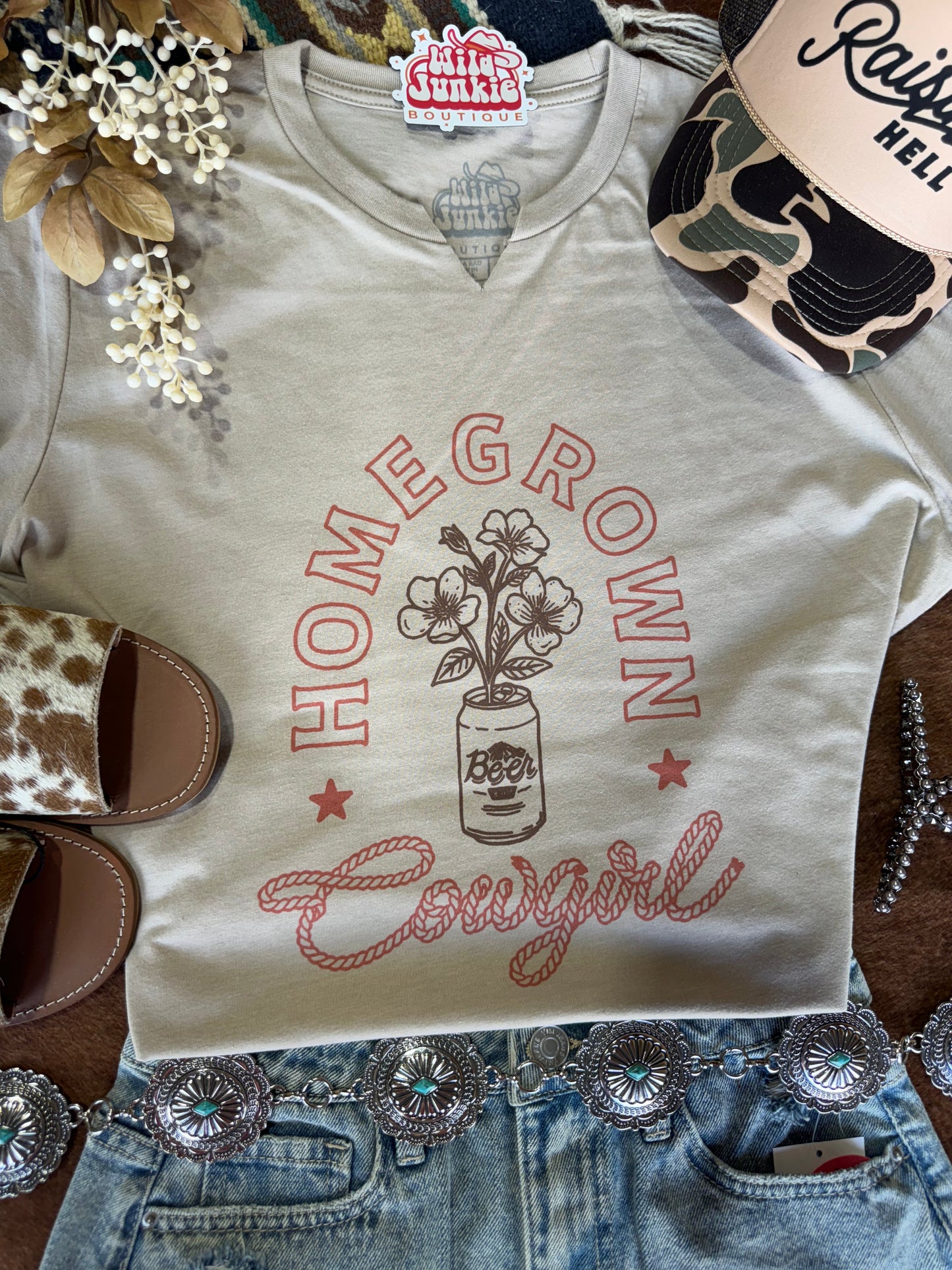 Homegrown Cowgirl Raw V-neck Graphic Tee