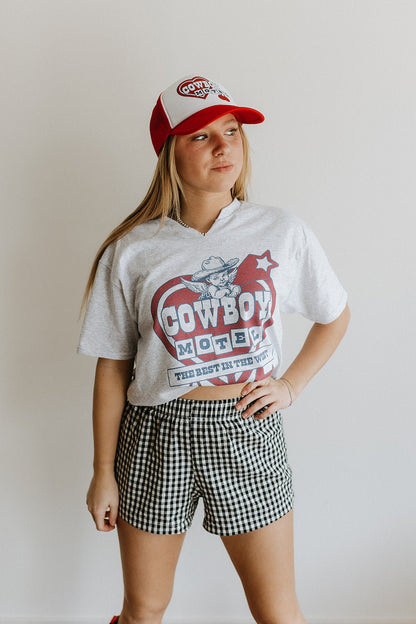 Cowboy Motel Raw Cut V - neck GraphicTeeAdd tee color hereS