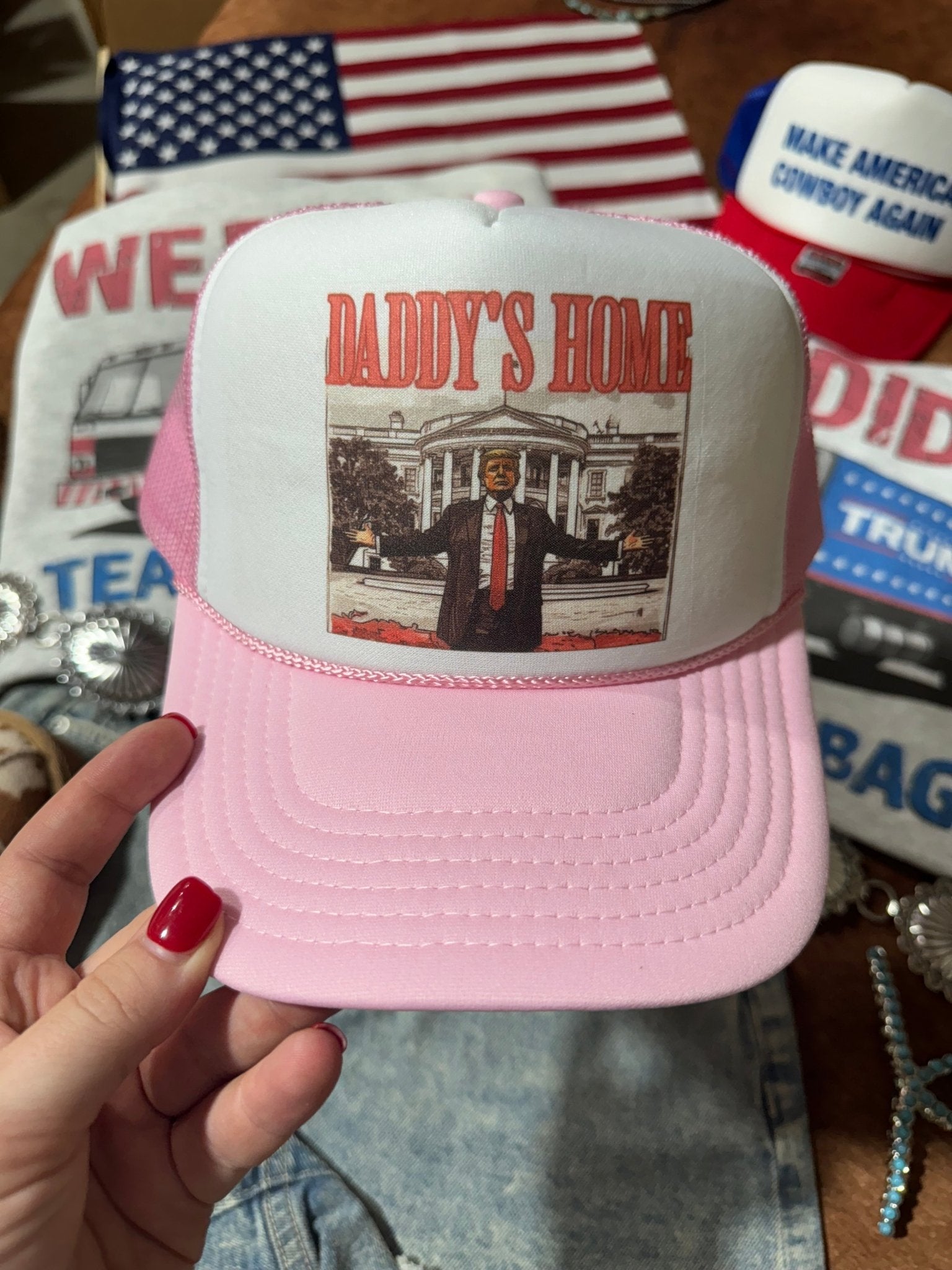 Daddys Home Trump Trucker HatPink & White