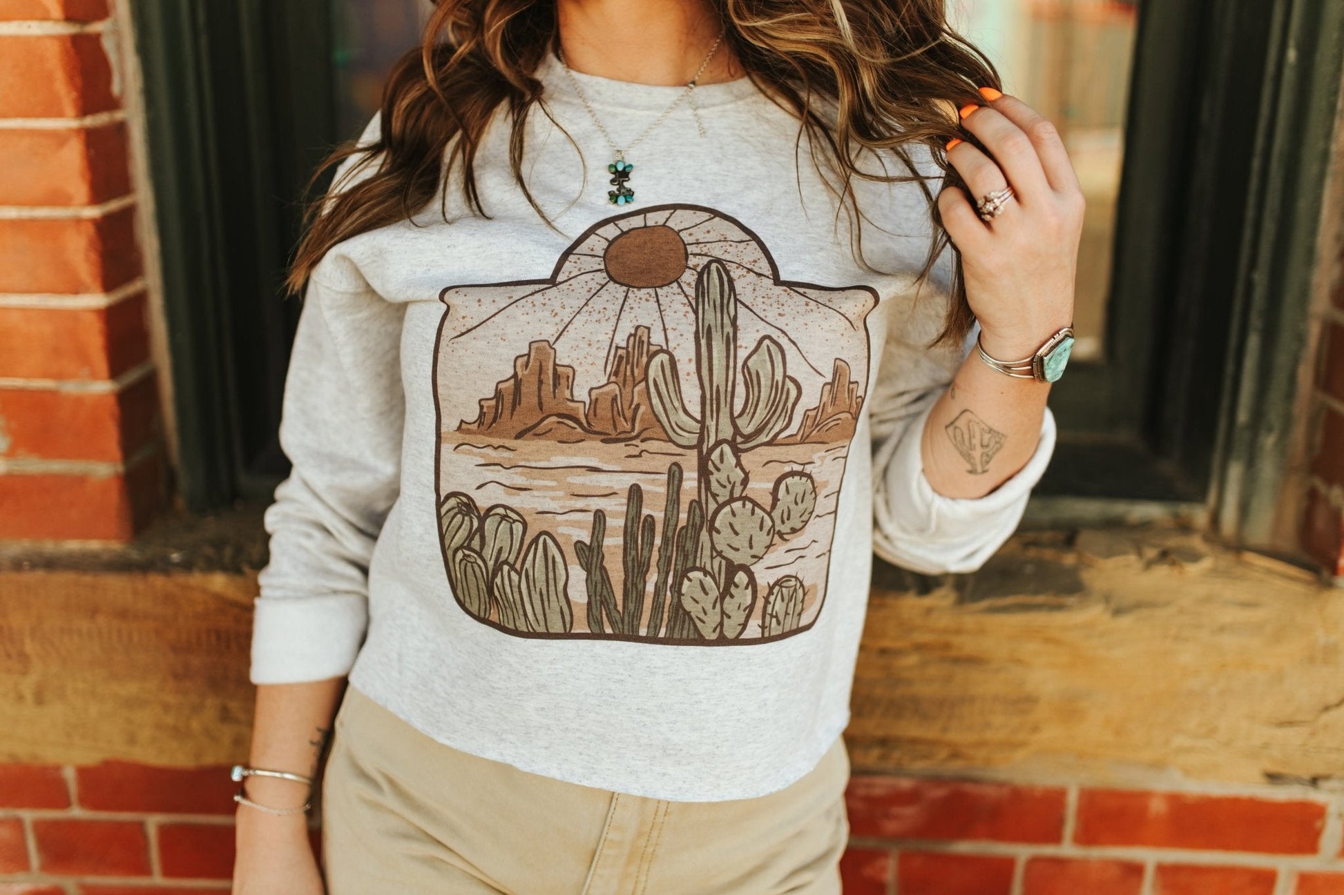 Desert Scene Raw Hem Graphic SweatshirtMultiS