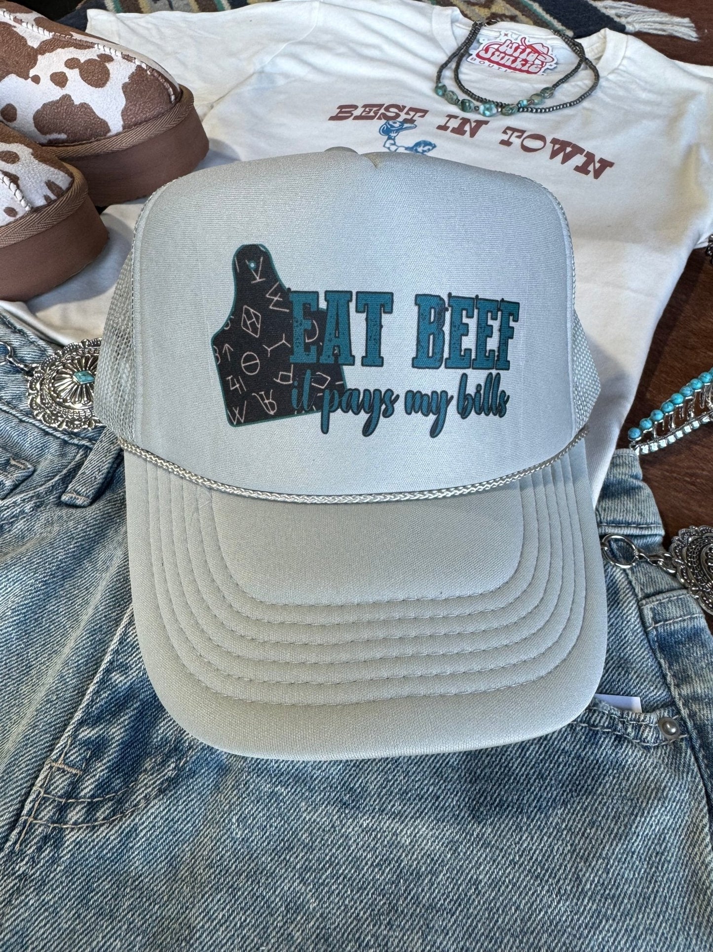 Eat Beef It Pays My Bills Trucker HatGrey