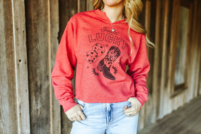 Feelin' Lucky Raw Hem V - Neck Crop Graphic SweatshirtHeather RedS