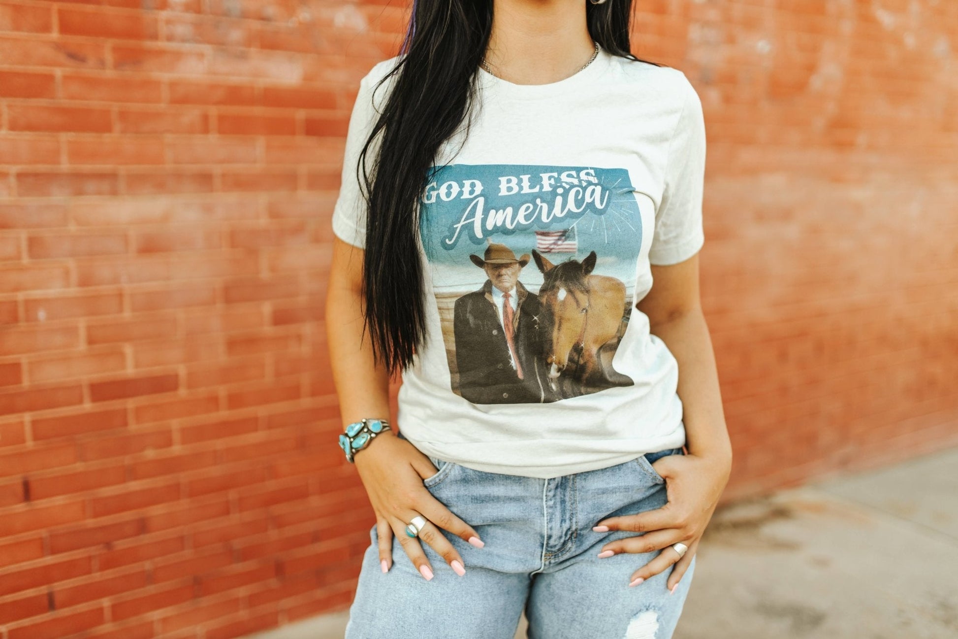 God Bless America Cowboy Trump Graphic TeeCementS