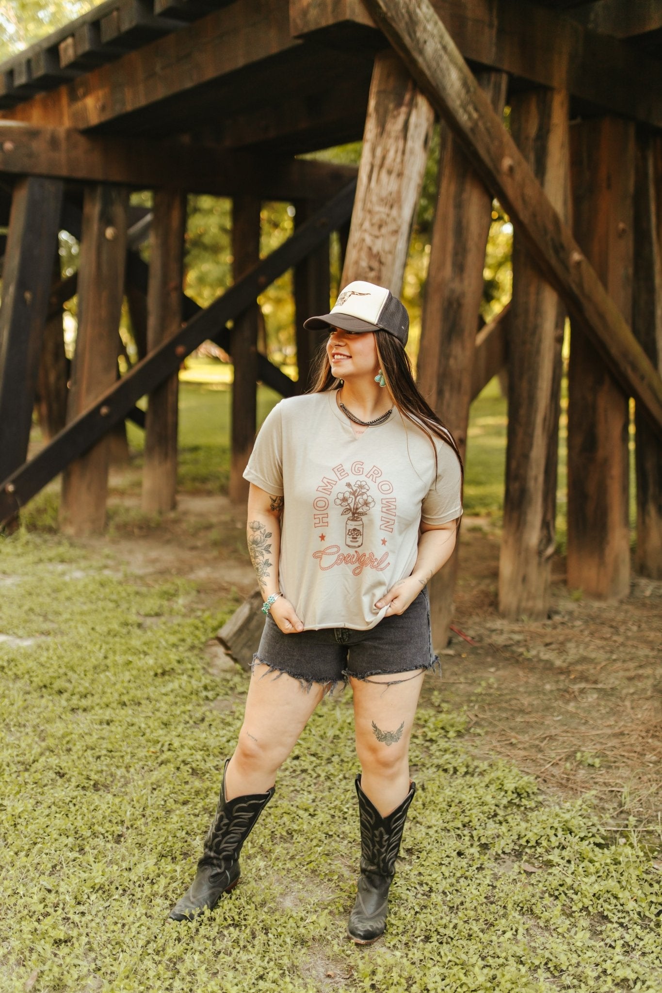 Homegrown Cowgirl Raw V - neck Graphic TeeTanS