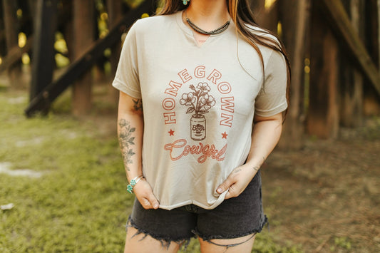 Homegrown Cowgirl Raw V - neck Graphic TeeTanS