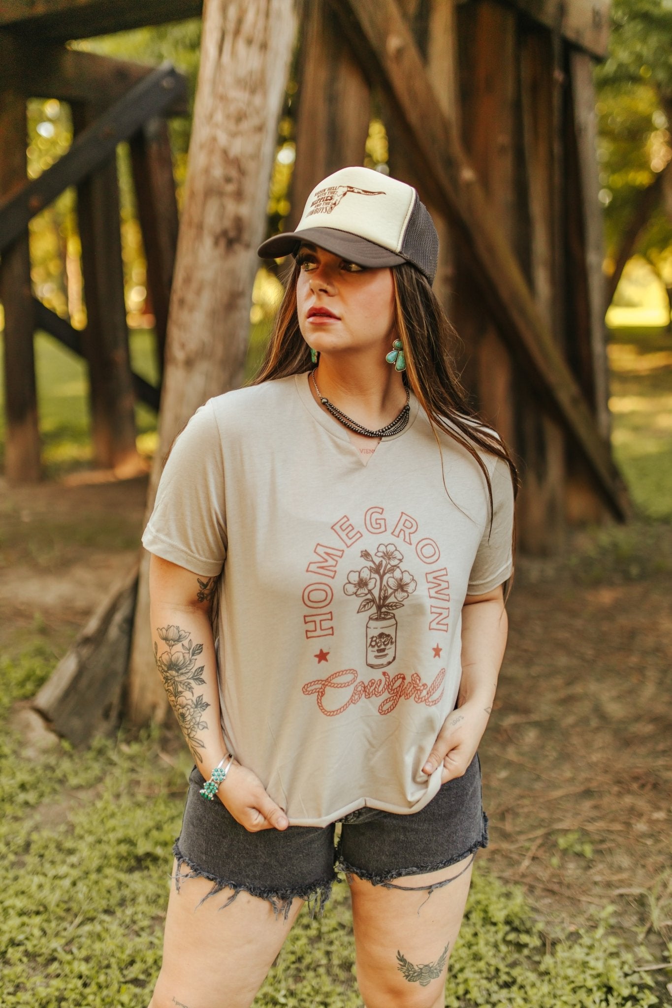 Homegrown Cowgirl Raw V - neck Graphic TeeTanS