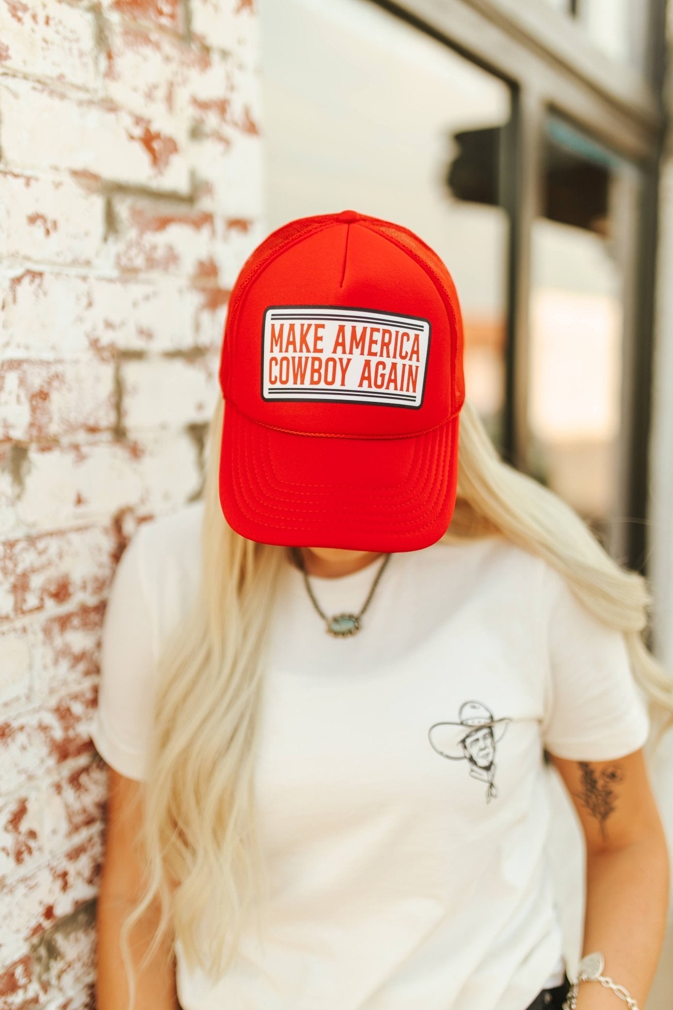 Make America Cowboy Again Banner Trucker HatRedOS