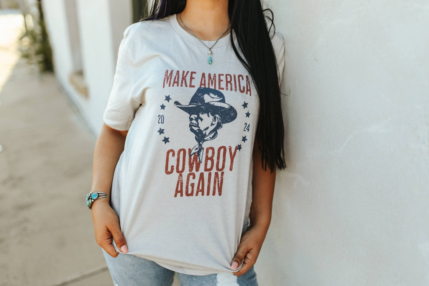 Make America Cowboy Again Trump 2024 Graphic TeeCool GreyS