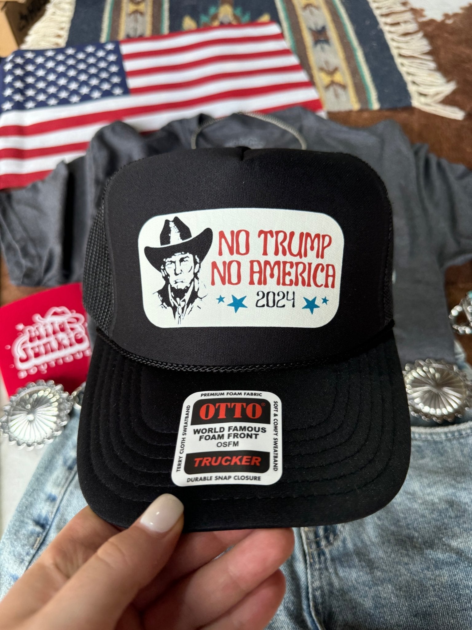 No Trump No America Trucker HatBlackOS