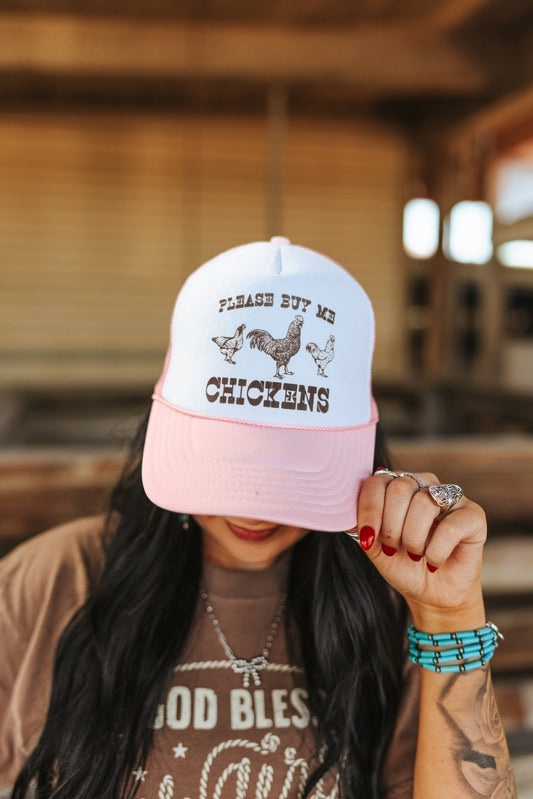 Please Buy Me Chickens Trucker HatPink and White