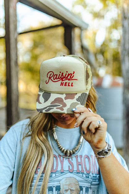 Raisin' Hell Green Camo Trucker HatCamo