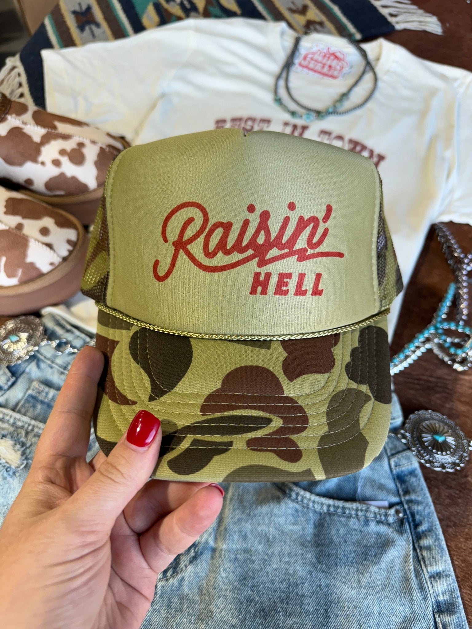 Raisin' Hell Green Camo Trucker HatCamo