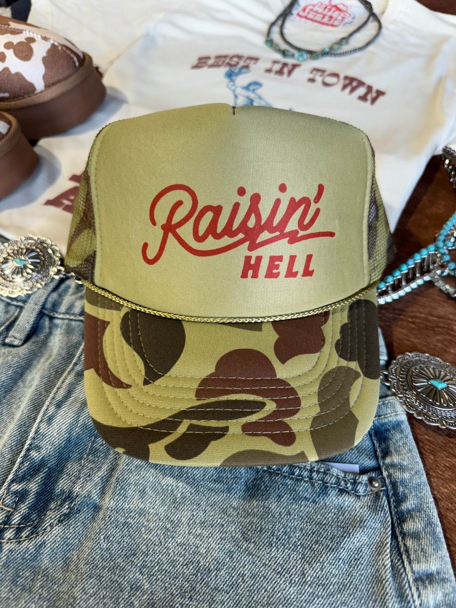 Raisin' Hell Green Camo Trucker HatCamo