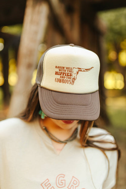 Raisin' Hell With Hippies & Cowboys Trucker HatBrown and Tan