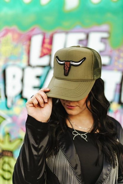 Steer Skull Patch Trucker HatOlive