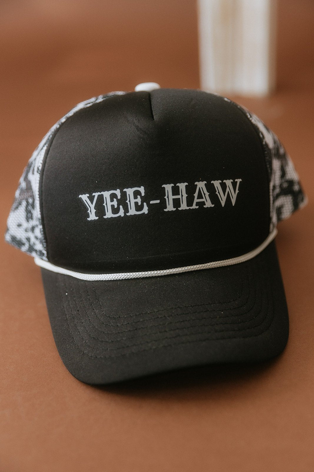 Yee Haw Black Cow Mesh Trucker HatBlack Cow