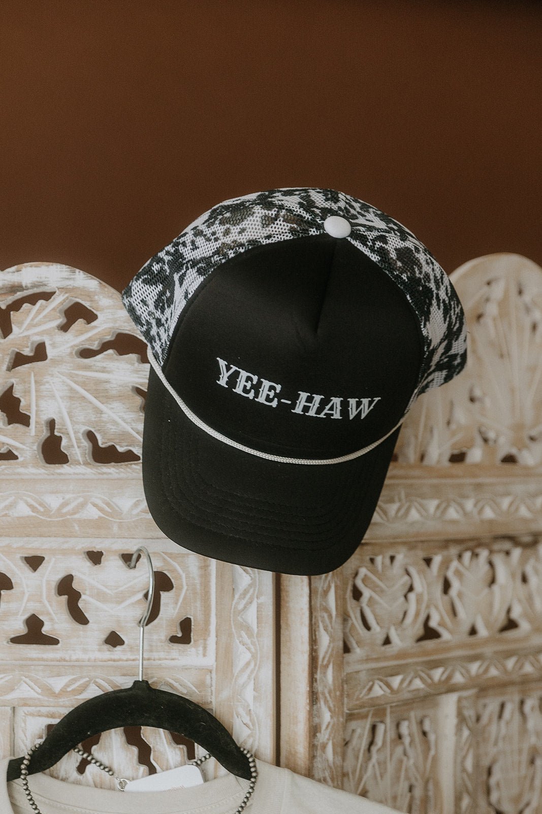 Yee Haw Black Cow Mesh Trucker HatBlack Cow